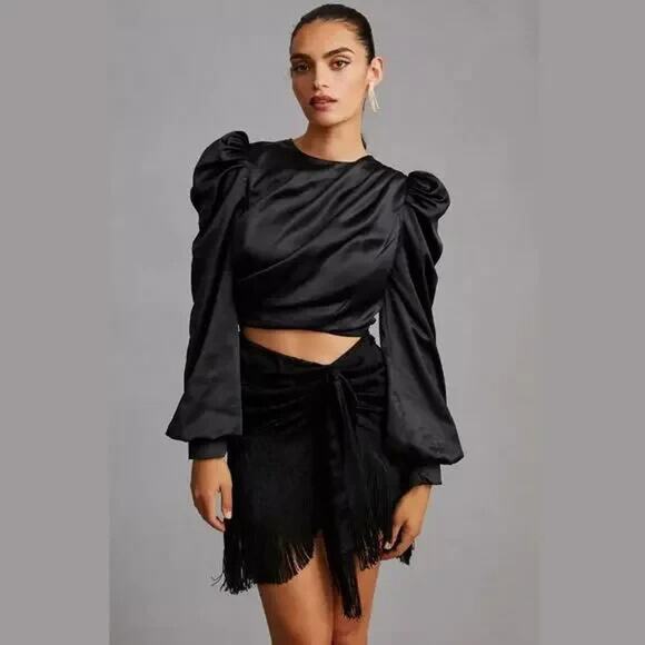 New Anthropologie Skirt 4 Black Brocade Fringe Tie Front Mini Tassel - Picture 2 of 8